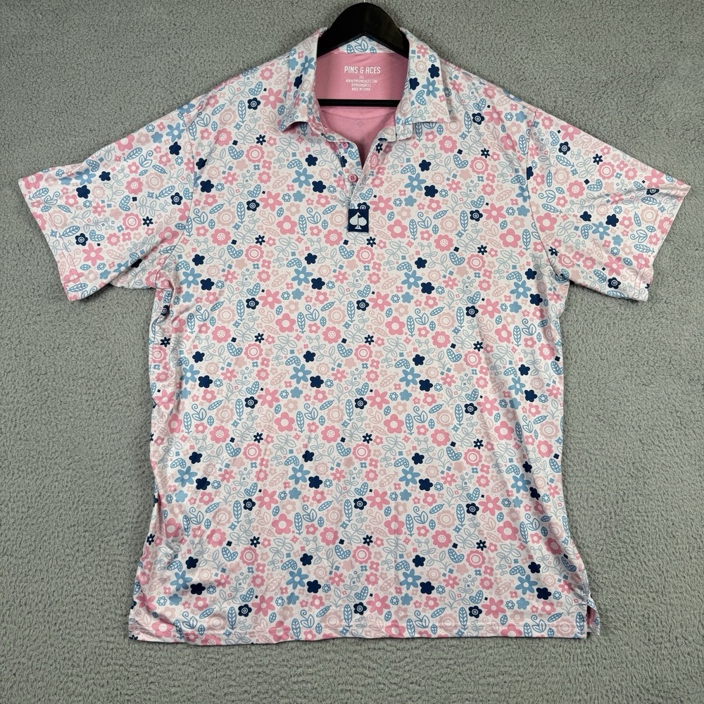 Pins And Aces Polo Men 2XL White Blue Pink Floral Golf Performance Stretch Shirt